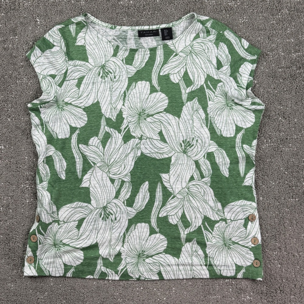 Tahari Linen Top Womens Small Green Floral Cap Sleeve Button Side Casual Summer - Picture 2 of 7